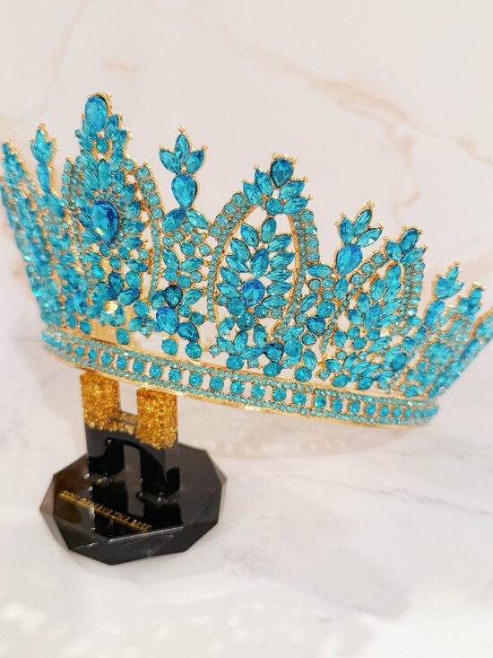 Gold Tiara Crown, ocean blue crystal crown, Royal Queen Tiara, pageant crown main image 6